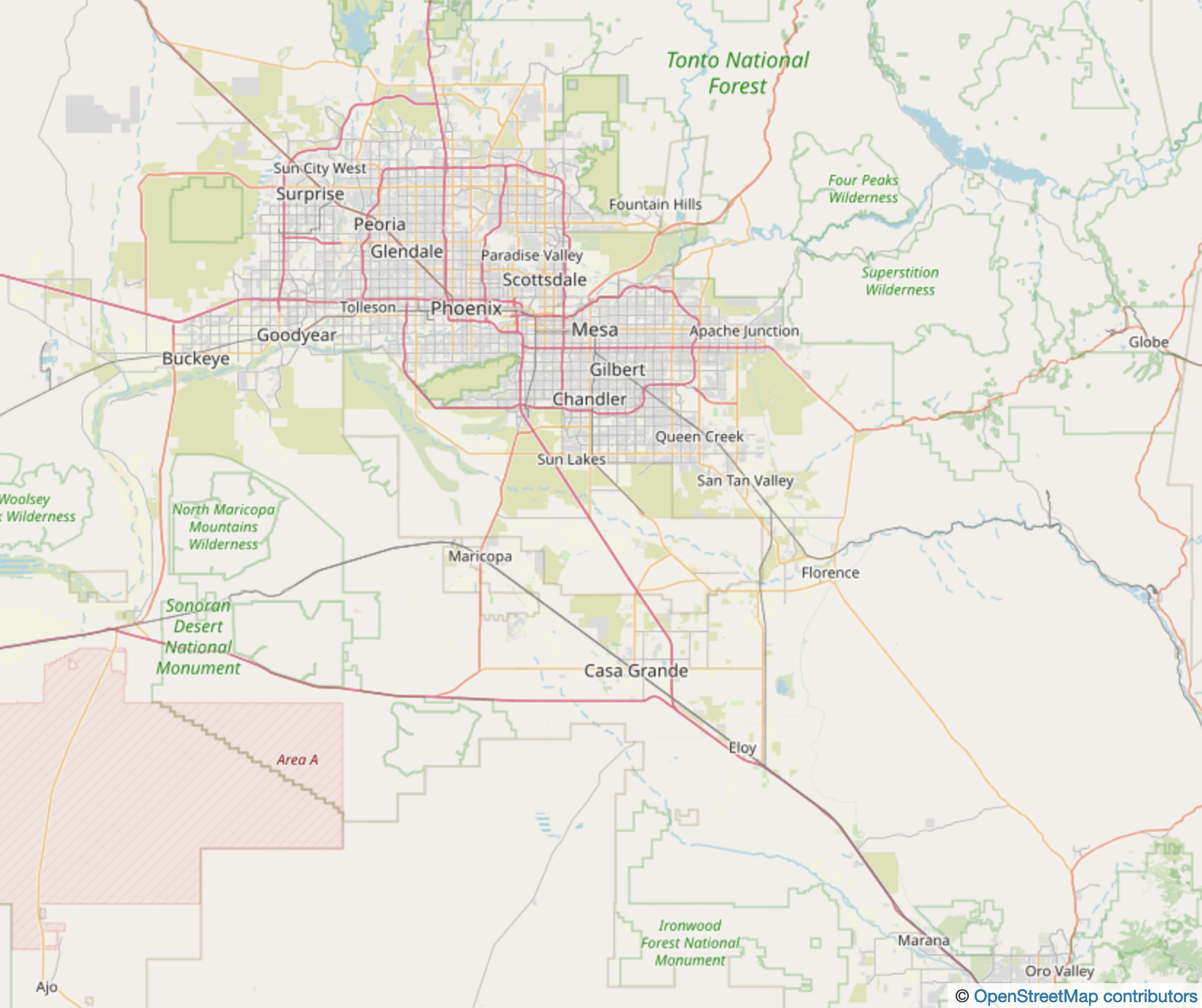 OSM screenshot of the Phoneix Metro Area (and Ajo)